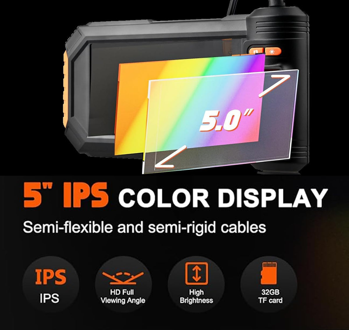 Triple Lens Inspectiecamera 32FT, 5 '' IPS-scherm 1080P HD 8 mm endoscoop inspectiecamera met verlichting, waterdichte drainage Borescope voor rioolbuis Sanitair Snake Semi-rigide kabel