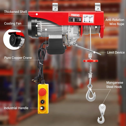 TEENO Elektrische takel 1450 W 20 m, overbelasting lift elektrische lier 220 V, enkele en dubbele ophanging 400 kg/800 kg, 6 m/min |12 m/min rood
