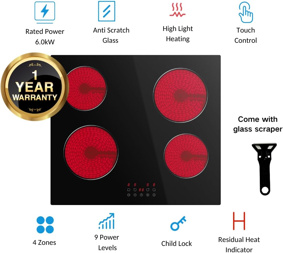 STARCHARTS elektrische kookplaat, ingebouwde keramische kookplaat, 4 zones kookplaten met totaal vermogen 6000 W, timer, kinderslot, zwart glas