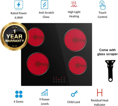 STARCHARTS elektrische kookplaat, ingebouwde keramische kookplaat, 4 zones kookplaten met totaal vermogen 6000 W, timer, kinderslot, zwart glas