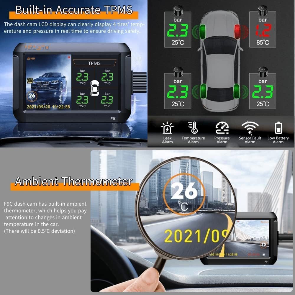 Auto Dashcam – Dashboardcamera – Autocamera – Rijregistratiecamera – Camera Voor Auto – Dubbele Voor- En Achtercamera Met 4 Inch Scherm – 1080P Full HD En Realtime TPMS Bandenspanningsbewaking