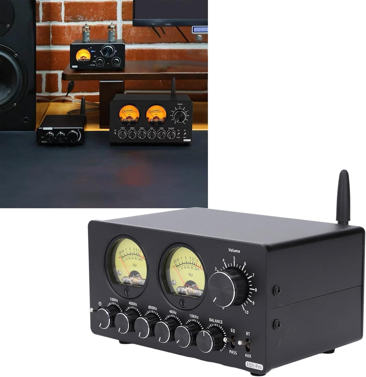 Fafeicy Audio 5 Band Equalizer, 5,0 EQ Voorversterker Gelijkmaker met Vintage VU -meter voor Thuisstereo, Computerluidsprekers, Versterkers