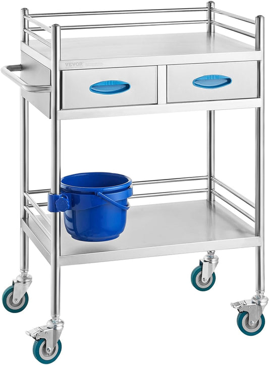 VEVOR Medische trolley met 2 lagen en 2 laden, 59,9 x 42,9 x 85,1 cm, laboratoriumwagen van roestvrij staal, metalen wagen met 4 omnidirectionele wielen voor klinieken, spa en hotels
