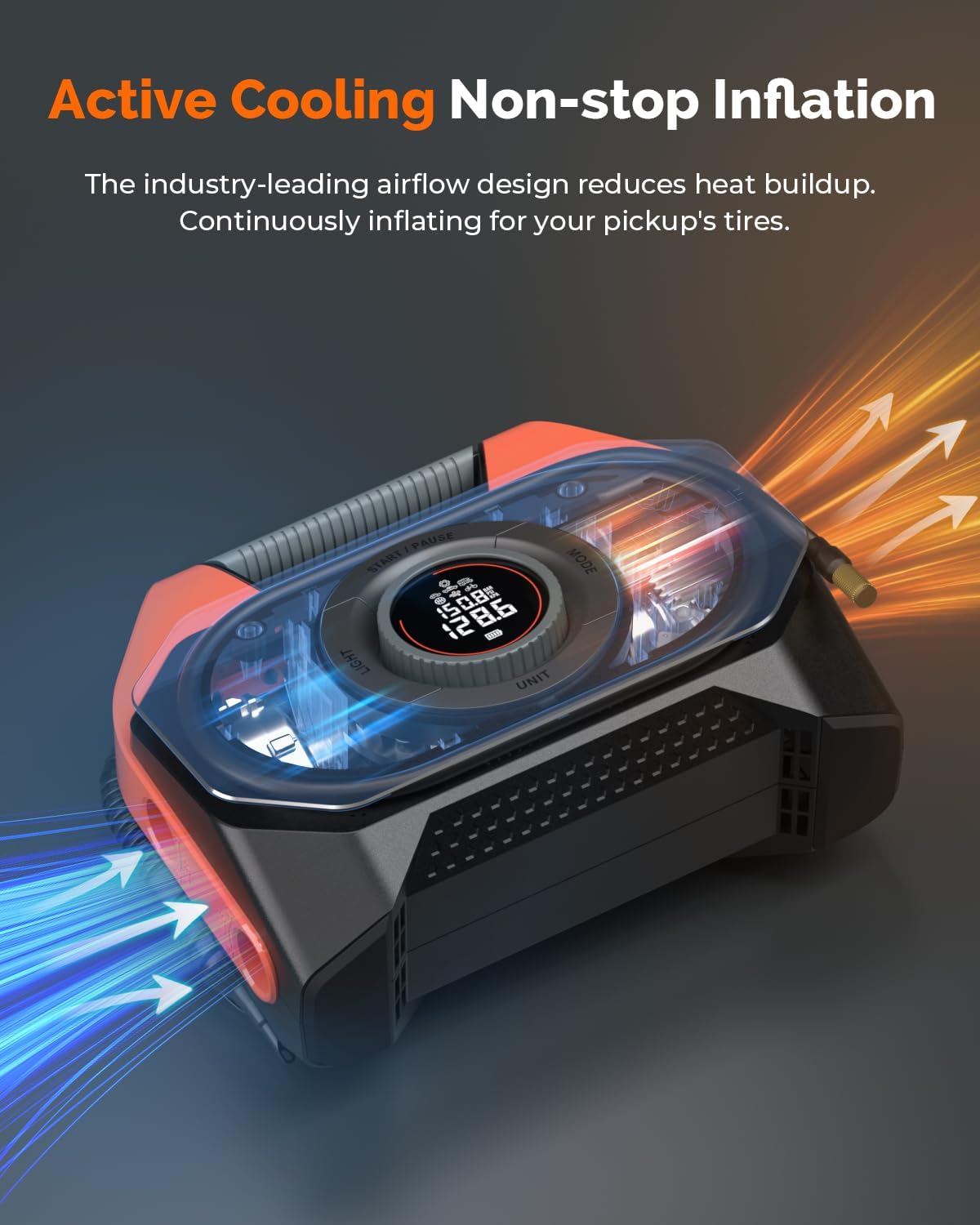 Luchtcompressor – Bandenpomp – Luchtpomp – Fietspomp – Draagbare Compressor – Draadloos Met 19200mAh Accu – 100% Duty Cycle Met Dubbel Cilindersysteem - QUORE
