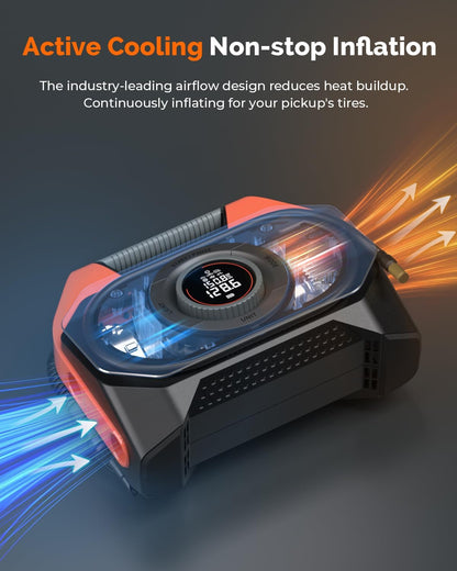 Luchtcompressor – Bandenpomp – Luchtpomp – Fietspomp – Draagbare Compressor – Draadloos Met 19200mAh Accu – 100% Duty Cycle Met Dubbel Cilindersysteem - QUORE