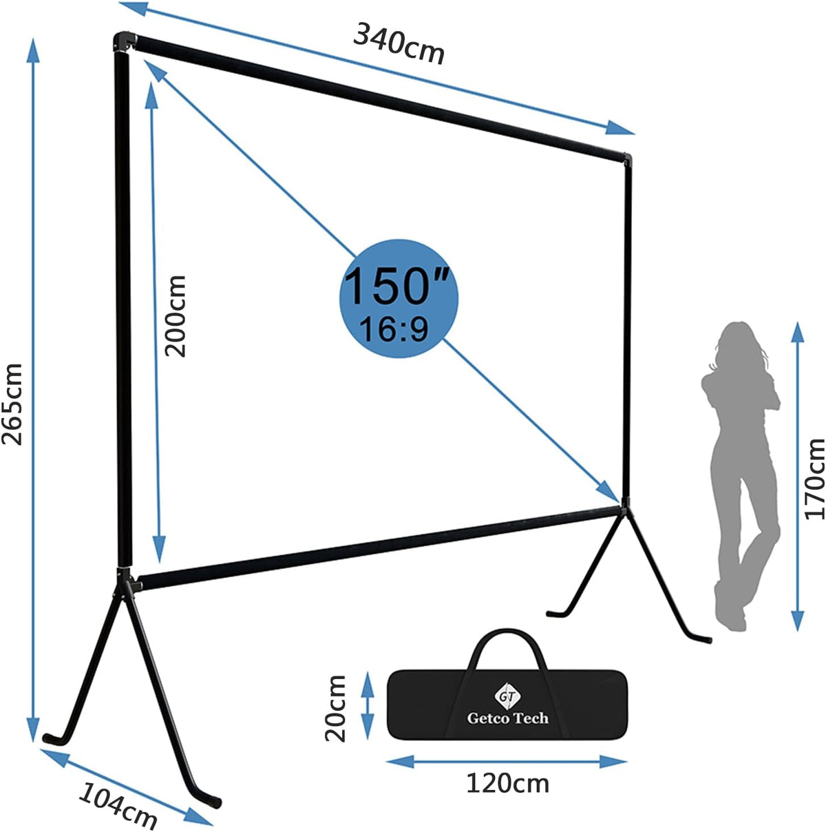 Projectiescherm (150 inch), Oprolbaar Projectiescherm met Standaard 16: 9 HD Opvouwbare Binnen- en Buitenprojectie, Videoprojectiescherm voor Thuis, Feest, Kantoor, Klaslokaal