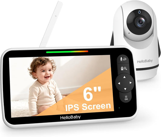 HelloBaby 6-Inch Babyfoon, Groot Scherm met Camera en Audio, 4000 mAh Batterij en ECO Modus, Nachtzicht, Geen WiFi, Tweewegcommunicatie en 8 Slaapliedjes, Op Afstand Bedienbare PTZ Camera