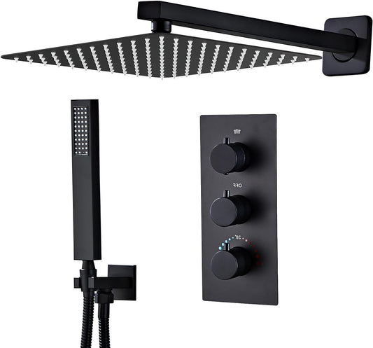 Inbouw Douche Set – Thermostaatkraan – Hoofddouche – Handdouche – Douchekraan – Zwart Mat – 25x25 cm Hoofddouche – Roestvrij Staal