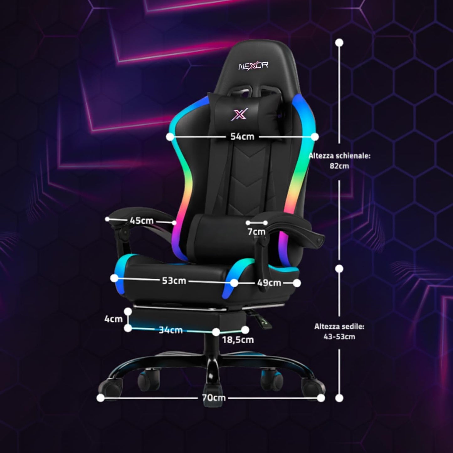 Wintem Gamingstoel met uittrekbare voetensteun, dubbel kussen en RGB-USB-ledlampjes voor absoluut comfort en futuristisch design, ideaal voor gaming, studio en kantoor