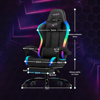 Wintem Gamingstoel met uittrekbare voetensteun, dubbel kussen en RGB-USB-ledlampjes voor absoluut comfort en futuristisch design, ideaal voor gaming, studio en kantoor