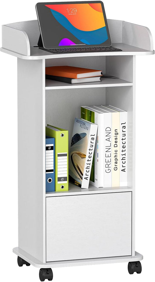 Sta-bureau, podiumstandaard met lade, sprekerbureau van hout met wieltjes, houten podium met meertraps plank voor scholen, huizen, seminars en kerken, wit (60 x 40 x 101 cm)