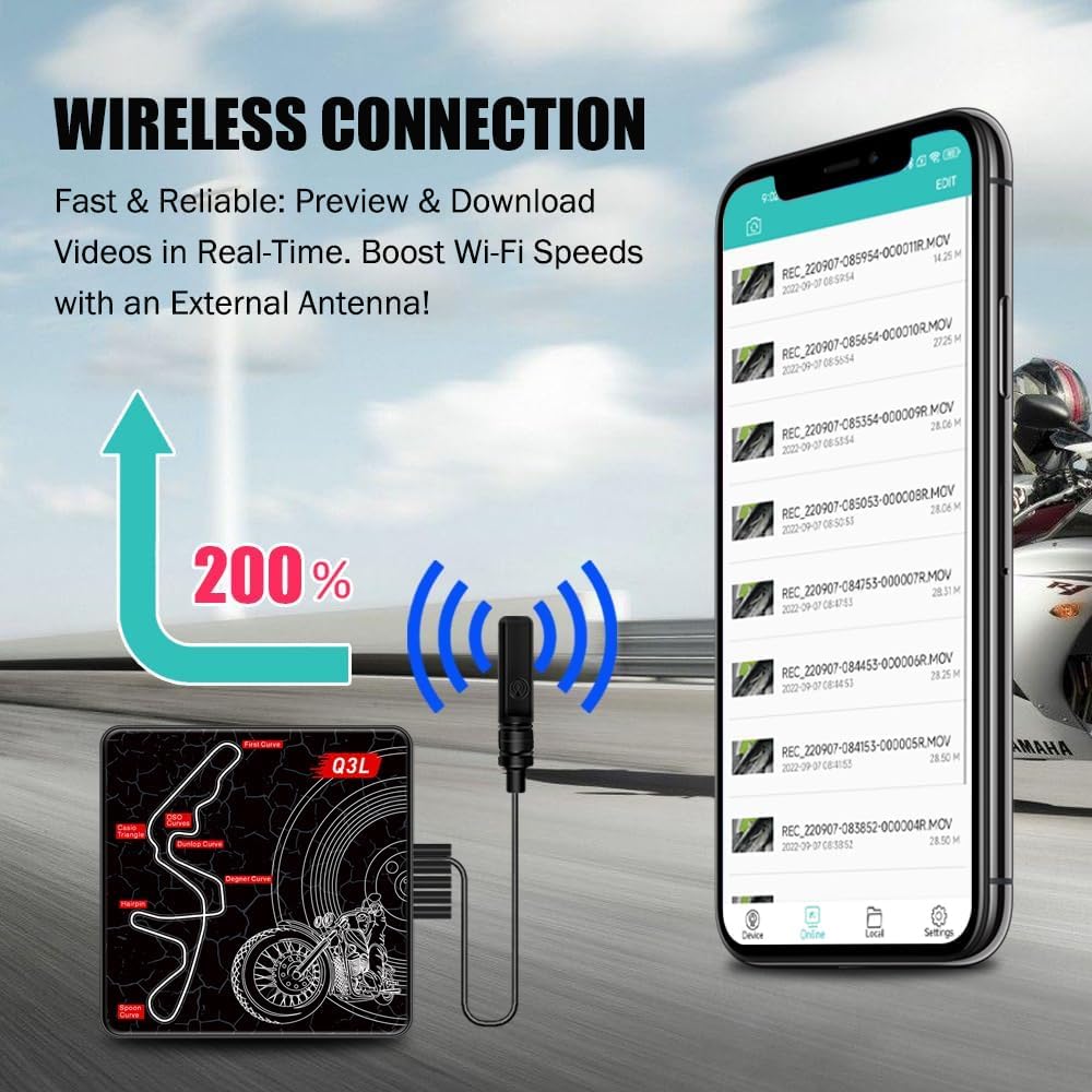 VSYSTO WiFi Motorfiets Dashcam, OLED Display Kabelcontroller, Hoge Snelheid Video Download, Waterdichte 1080P Voor- en Achtercamera, Temperatuurweergave, Fouttrillingswaarschuwing (Q3L)