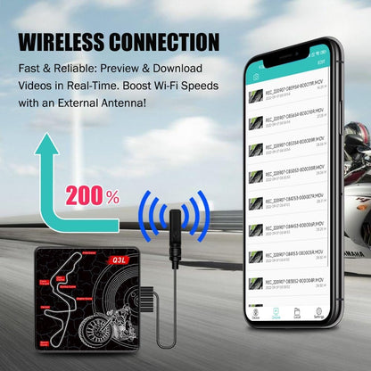 VSYSTO WiFi Motorfiets Dashcam, OLED Display Kabelcontroller, Hoge Snelheid Video Download, Waterdichte 1080P Voor- en Achtercamera, Temperatuurweergave, Fouttrillingswaarschuwing (Q3L)