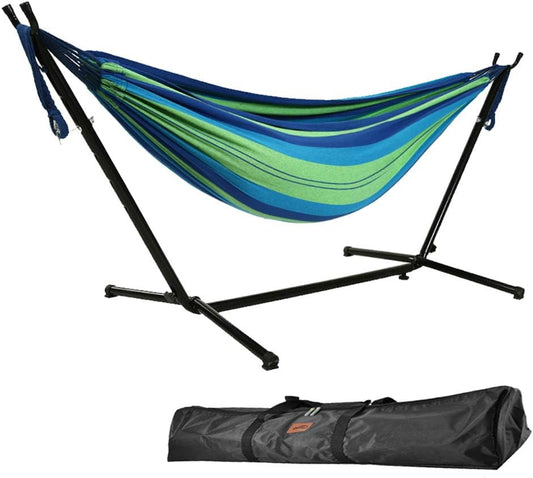 Hangmat met Standaard - Tuinhangmat -  250 kg Capaciteit - Robuuste stof - Zware - Heavu-duty Stalen Standaard - Draagtas Inbegrepen - voor Buiten - Balkon - Terras - Tuin - 275x100cm - Blauw en Groen