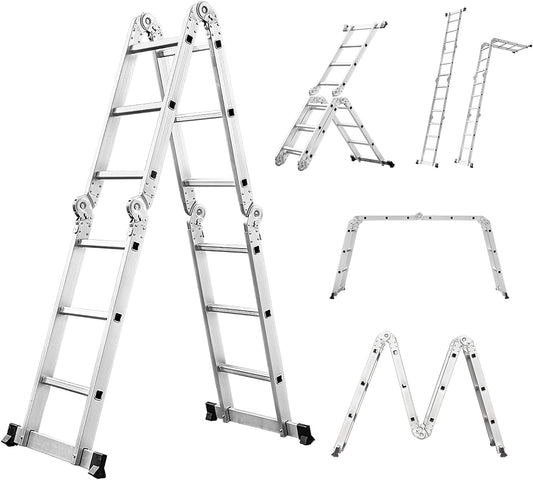 6-in-1 multifunctionele ladder, 3,6 m, inklapbare aluminium ladder, 4 x 3 scharnierende ladder met 12 treden, antislip, stabiel en robuust, tot 150 kg belastbaar, zilver