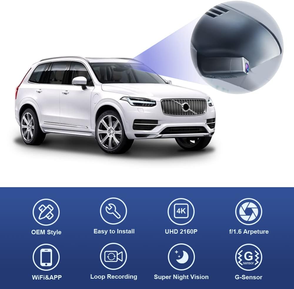 FITCAMX Dash Cam Compatibel met Volvo XC90, XC90 Recharge, XC90 Hybrid 2016-2022, 4K WiFi-video UHD 2160P, botsingsdetectie, eenvoudig te installeren, 64GB-kaart