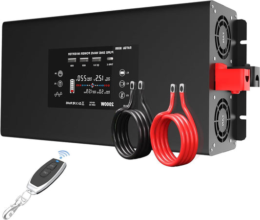12V Naar 230V Omvormer – Spanningsomzetter – Stroomomzetter – DC Naar AC Converter – Pure Sinus Omvormer – 2000W Continu Vermogen – LCD Display Met USB & QC3.0 Snellaadpoort
