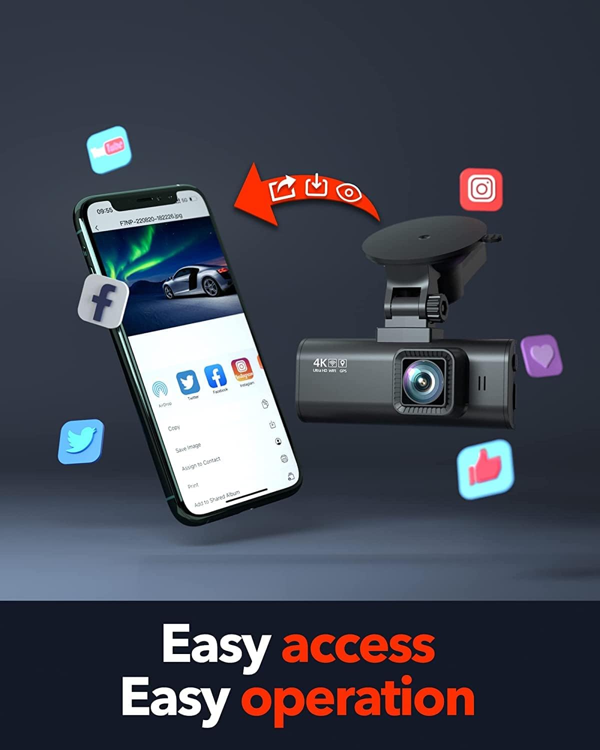 Dashcam – Autocamera – Dashboardcamera – Auto Camera – Rijcamera – Voor- En Achtercamera 4K/1080P – 5,8 GHz WiFi En GPS