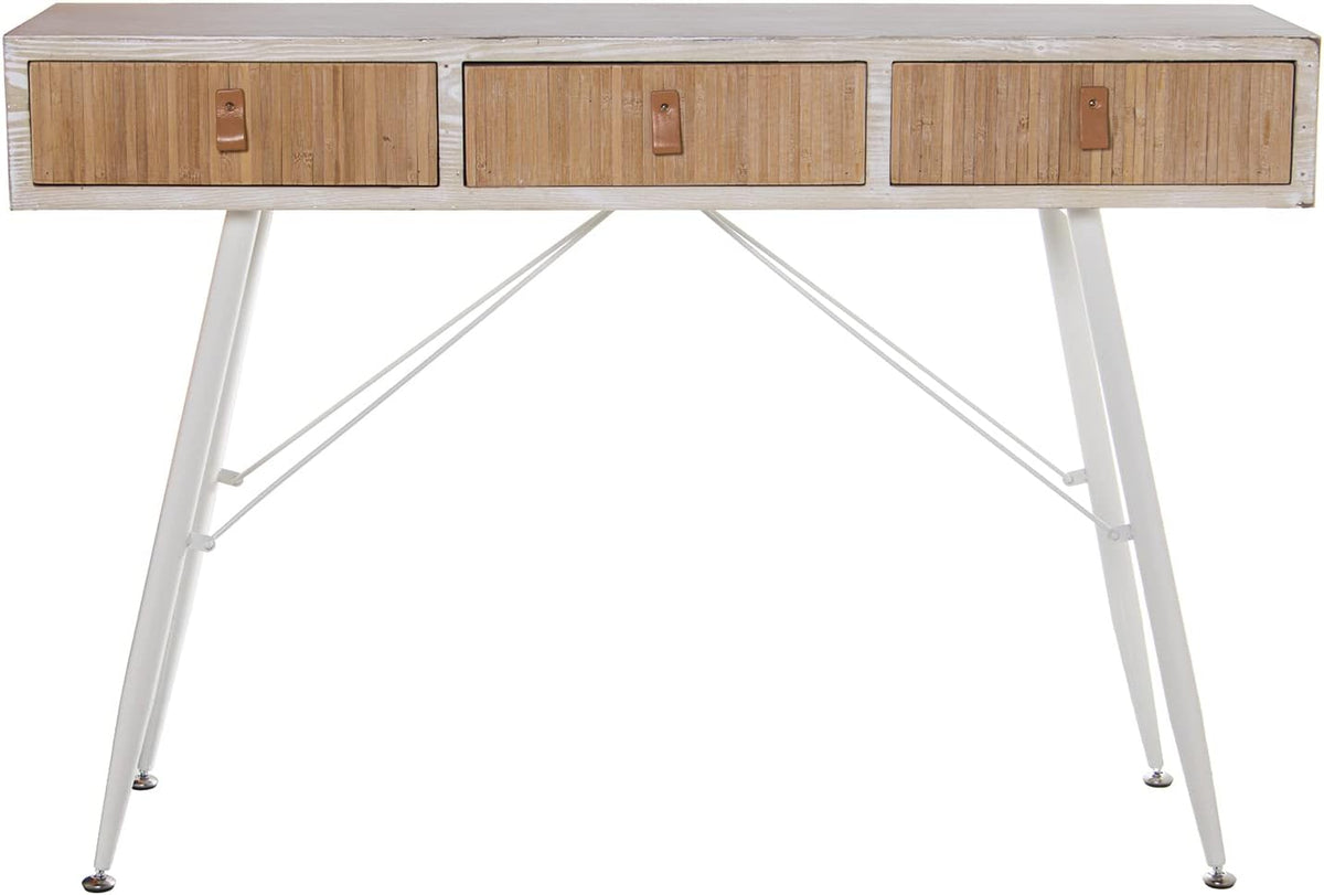 DRW Ingangtafel met 3 schuifladen van hout en metalen poten in wit en natuurlijk, 120 x 35 x 81 cm