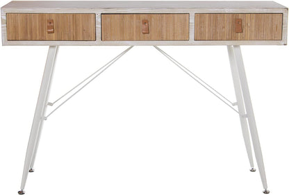 DRW Ingangtafel met 3 schuifladen van hout en metalen poten in wit en natuurlijk, 120 x 35 x 81 cm