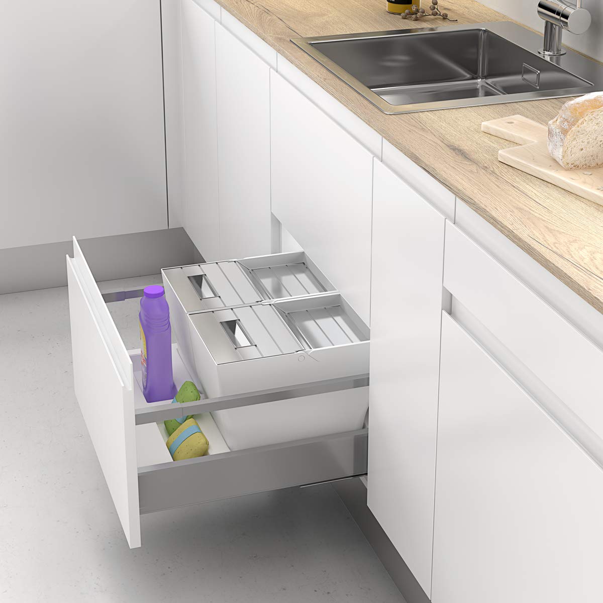 Menage Confort Vuilnisbak en recyclingcontainer voor keukenlade, deksel van roestvrij staal, PP wit, 600 mm meubelbreedte, hoogte 235 mm