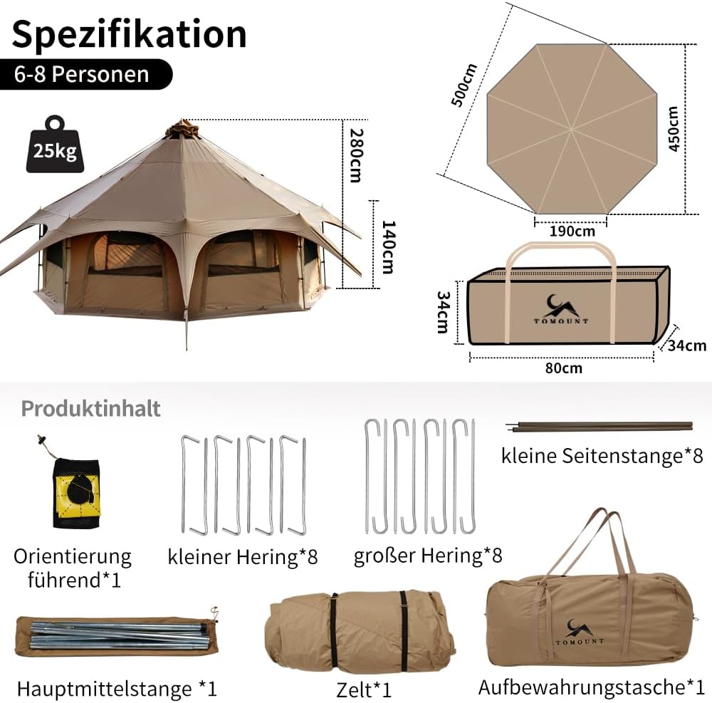 TOMOUNT Tipitent, katoenen tent voor 6-8 personen, canvas, piramide, joertent, grote gezinnen, glamping, tent voor kamperen, hiking, festival, feesten, bruiloft, muziekfeest