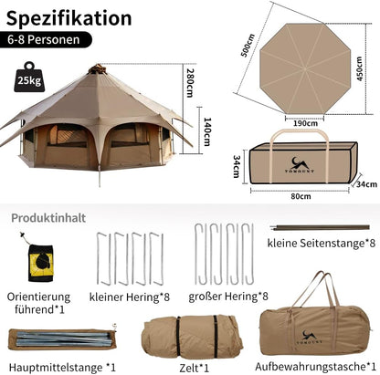 TOMOUNT Tipitent, katoenen tent voor 6-8 personen, canvas, piramide, joertent, grote gezinnen, glamping, tent voor kamperen, hiking, festival, feesten, bruiloft, muziekfeest