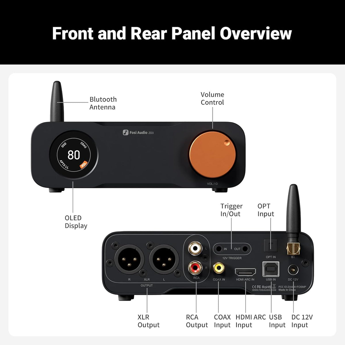 Fosi Audio ZD3 DAC Voorversterker, Volledig Gebalanceerde Digitaal naar Analoog Audioconverter met ES9039Q2M, Bluetooth/USB/Optical/COAX/TV HDMI ARC-Ingang, XLR/RCA Uitgang, met Afstandsbediening