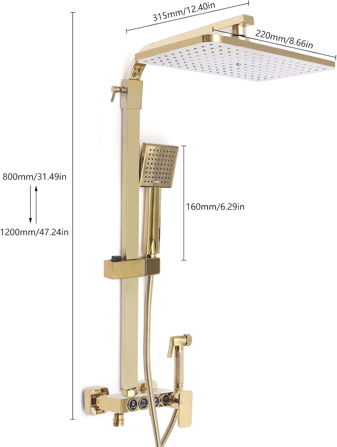 Douche Set – Doucheset – Handdouche – Douchekop – Sproeipistool – Goudkleurig – Verstelbare Hoogte 80-120 cm – Vacuüm Goudcoating & Roestvrij Materialen