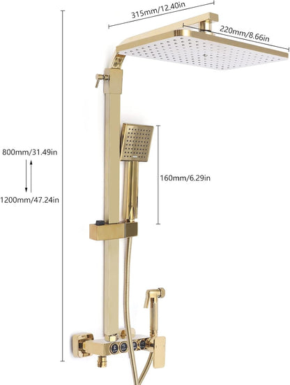 Douche Set – Doucheset – Handdouche – Douchekop – Sproeipistool – Goudkleurig – Verstelbare Hoogte 80-120 cm – Vacuüm Goudcoating & Roestvrij Materialen