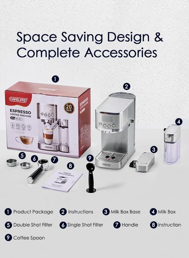 CAFELFFE 6-in-1 espressomachine, filterhouder met melkreservoir, automatische cappuccinomachine met zelfreiniging en 3 temperatuuropties, 1,3 liter roestvrij staal
