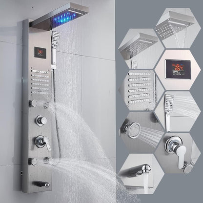 Douchepaneel – Douchekolom – Regendouche – Massage Douche – Handdouche – Roestvrijstaal Geborsteld – 8 Functies Inclusief Massage Nozzles – LED Verlichting & Temperatuurdisplay