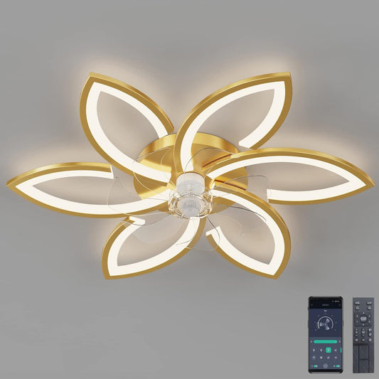 Stille plafondventilator met licht, plafondventilator met afstandsbediening en verlichting APP dimbare helderheid 70W creatieve acryl bloem vorm plafondlamp met ventilator (Goud)
