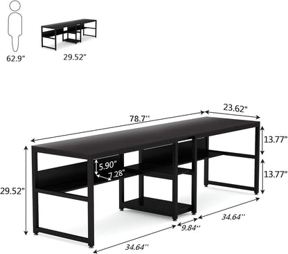 Tribesigns Double Desk with Bookshelf, 31" Computer Office Double Desk for Two People, Rustic Writing Desk Workstation with Shelf for Home Office (Black)