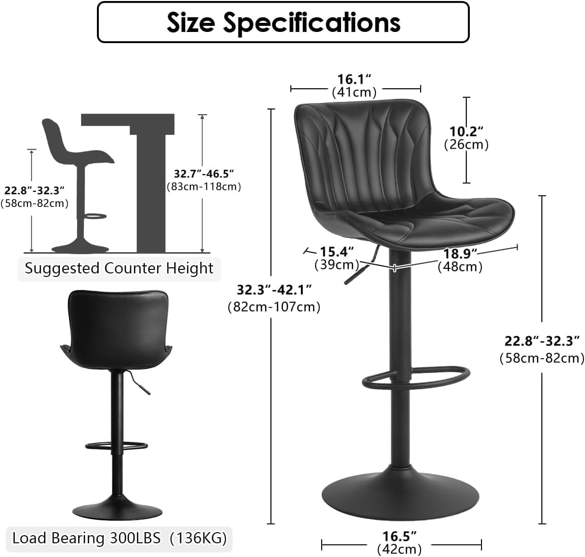 YOUNIKE Barkrukken, 2-delige set, draaibare hoogteverstelling, barstoel, kunstleer, bekleding, barstoelen, toonbankkruk, moderne barkrukken, keukenkruk met hoge rugleuning, zwart