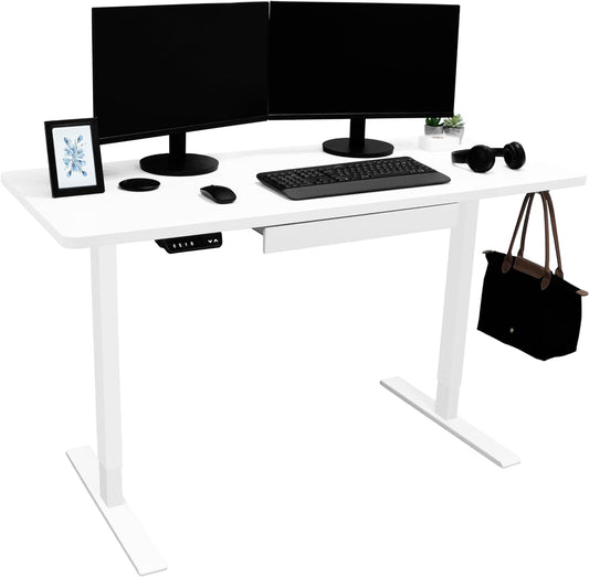 Electric Standing Desk 140 x 60cm White Height Adjustable Ergonomic Sit-to-Stand Computer Workstation Built-in Drawer USB A&C Charging Cable Pocket Hook Office Table Timer Smart Control Panel - QUORE