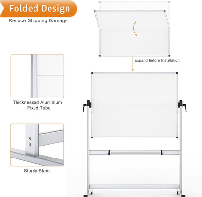 VIZ-PRO Dubbelzijdig Mobiel Whiteboard, 120 x 90 cm, Magnetisch Rolling Dry Erase White Board op wieltjes met aluminium frame en standaard