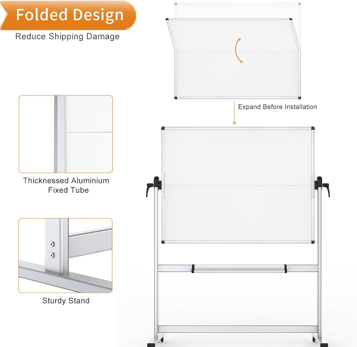 VIZ-PRO Dubbelzijdig mobiel whiteboard, 112 x 112 cm, magnetisch rollend droog wisbaar wit bord op wielen met aluminium frame en standaard