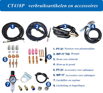 CT418P 3-in-1 combo plasmasnijder WIG lasapparaat MMA omvormer combo lasapparaat plasmasnijder TIG MMA | IGBT | digitaal LCD-scherm | HF-ontsteking CT418P