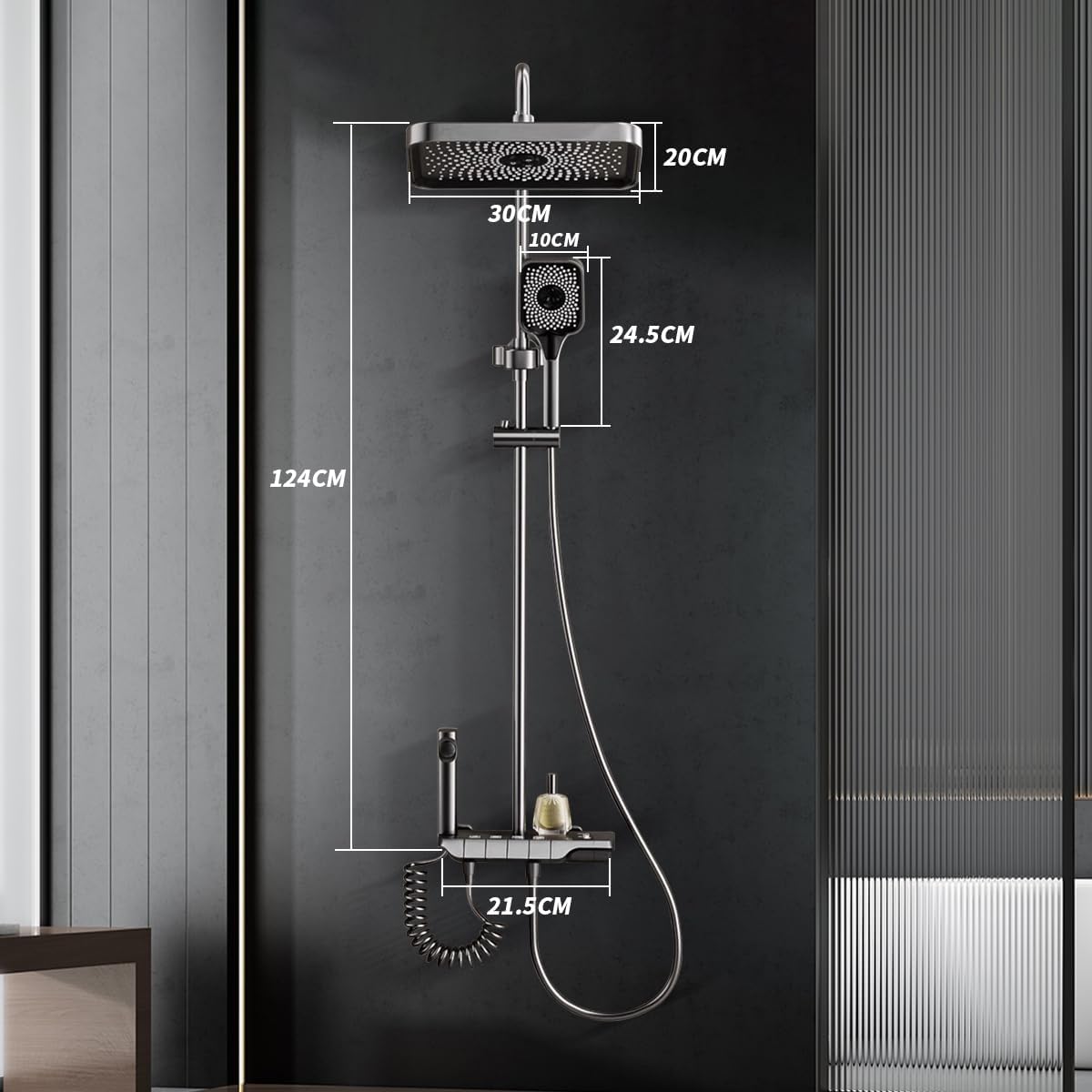 Douchesysteem Met Thermostaat – Regendouche – Douchekolom – Handdouche – Baduitloop – 31 x 20 cm Regendouche – Verstelbare Hoogte Tot 1,3 m