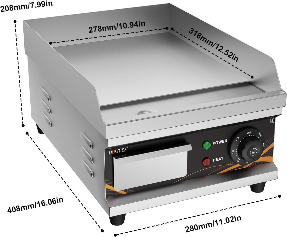 Professionele elektrische plaat gietijzer elektrische grill roestvrij staal met spatbescherming en vetopvangbak, 1500 W