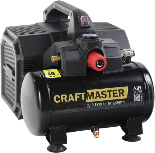 SCHNEIDER CRAFTMASTER, stille, draagbare, olievrije compressor, tank van 6 liter, maximale druk: 8 bar, vermogen: 0,75 pk, geluidsniveau: 49 dB LwA