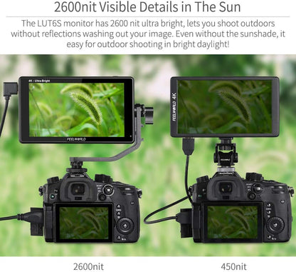 FEELWORLD LUT6S 2600Nit Camera Field Monitor 6 Inch TouchScreen 1920x1080 IPS Veldmonitor met 3G-SDI&4K HDMI Ingang/Loop Uitgang,3D LUT,HDR Golfvorm,Peak Focus DSLR Video Assist,Tilt Arm