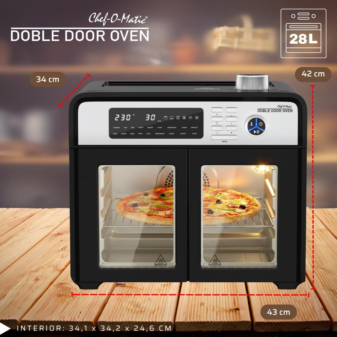 CHEF -O- MATIC Doble Door - dubbele deur friteuse en oven, 28 L,18 programma's, 1700 W, binnengrill, broodrooster, draaispies, voedseldrager, LCD-scherm