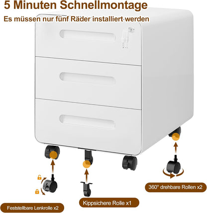 Rolcontainer, mobiele archiefkast met slot, afgeronde hoeken, 4 sleutels, 3 laden, printertafel, reeds voorgemonteerd, voor kantoor, thuiskantoor, 46B x 40D x 50H cm, Wit