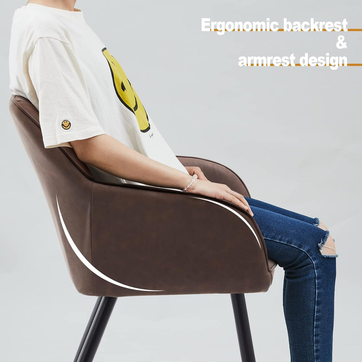 TUKAILAI Eetkamerstoelen, set van 2 met armleuningen, kunstleer, gestoffeerd, rugleuning, metalen poten, loungeontvangst, eetkamer, keuken, woonkamer, 2 stuks, bruin