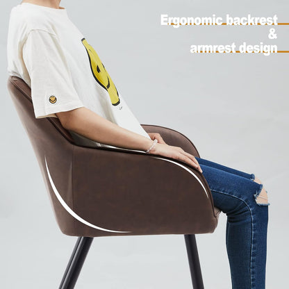 TUKAILAI Eetkamerstoelen, set van 2 met armleuningen, kunstleer, gestoffeerd, rugleuning, metalen poten, loungeontvangst, eetkamer, keuken, woonkamer, 2 stuks, bruin
