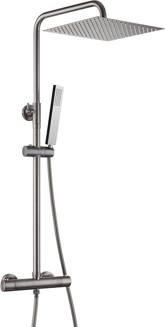 Douchesysteem – Regendouche – Thermostaatkraan – Douchekop – Doucheset – 30x30 cm XXL Regendouche – Roestvrijstalen Verstelbare Douchestang – 38°C Veiligheidsvergrendeling – Gunmetal Grijs