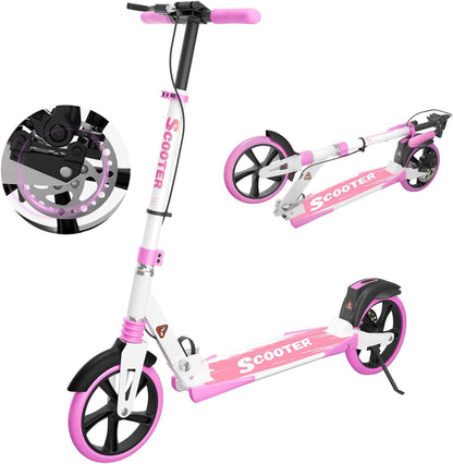 MEEGOO H007D Scooter met schijfrem en dubbele schokdempers, 200 mm PU-wielen ABEC-7 lagers, opvouwbare scooter voor volwassenen 18+, antislip deck - roze/wit/blauw