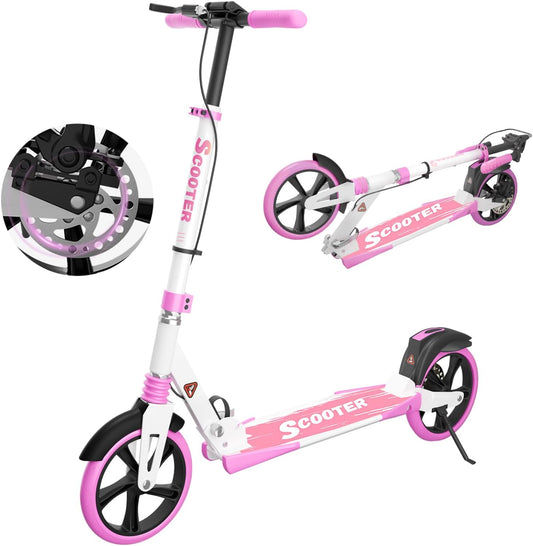 MEEGOO H007D Scooter met schijfrem en dubbele schokdempers, 200 mm PU-wielen ABEC-7 lagers, opvouwbare scooter voor volwassenen 18+, antislip deck - roze/wit/blauw